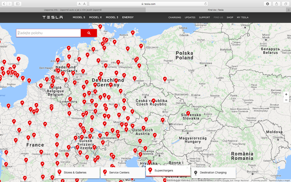 Síť rychlodobíječek Tesla SuperCharger v Evropě