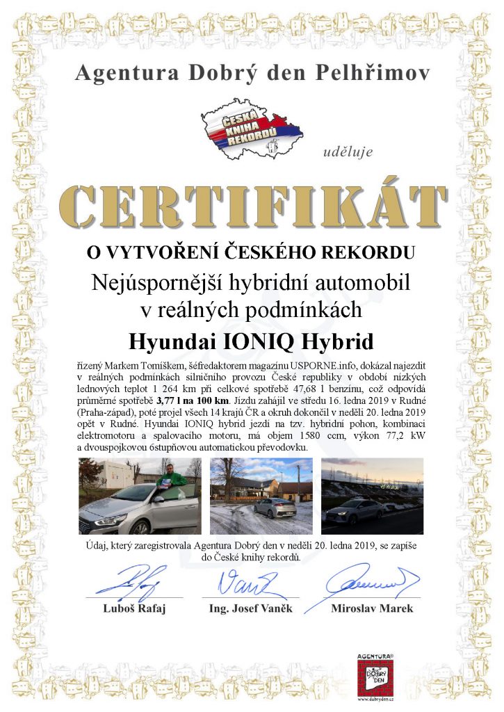 CERTIFIKÁT - Nejúspornější hybridní automobil v reálných podmínkách