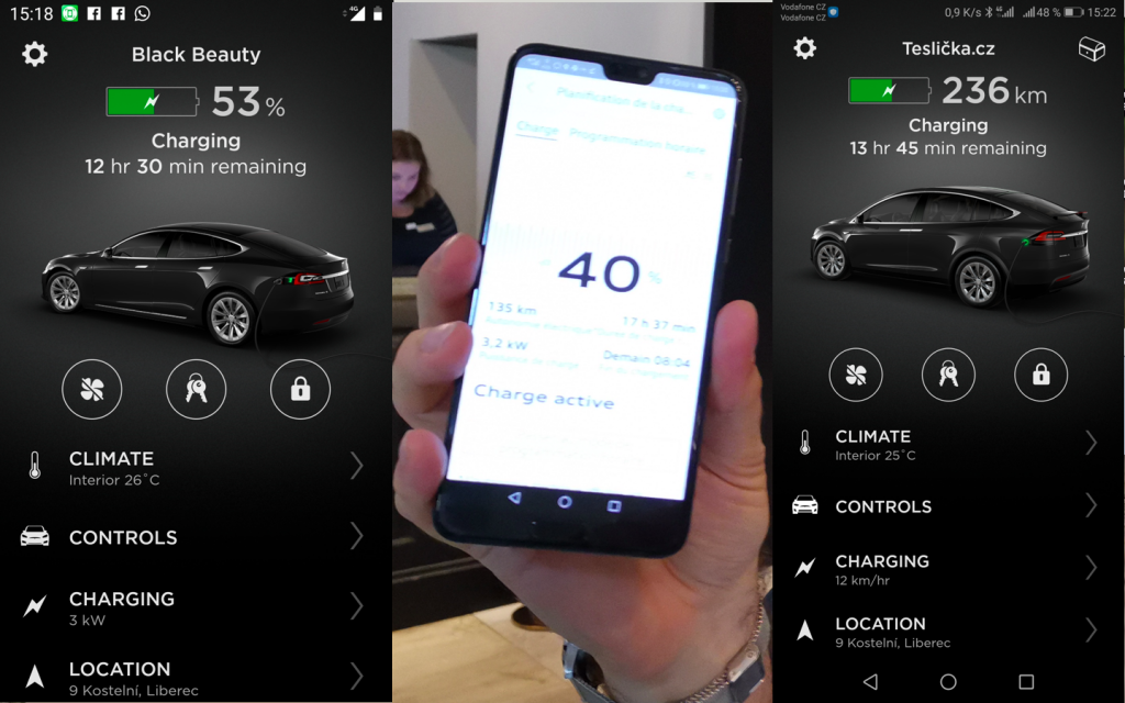 Aplikace - stav nabití Tesla Model S, Audi e-tron a Tesla Model X